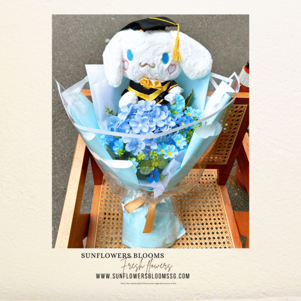 Graduation Cinamorroll inspired plushie with faux flower bouquet