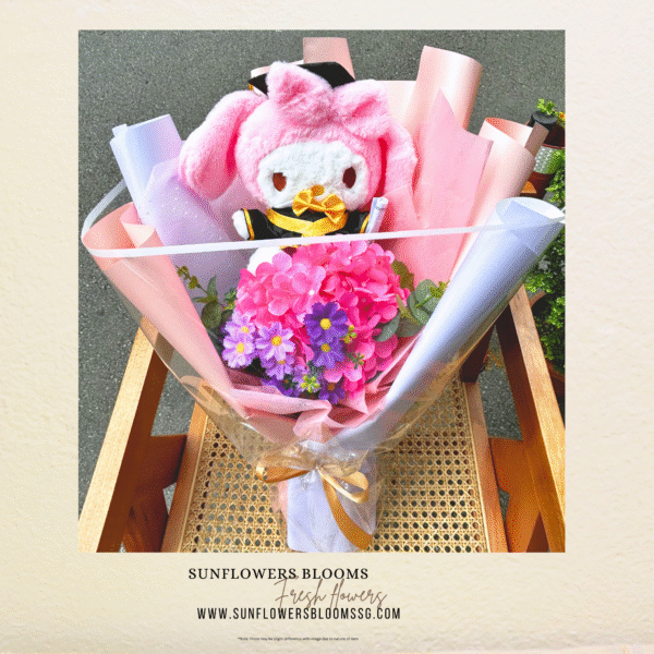 Graduation Melody Inspired Plushie with Faux Flower bouquet