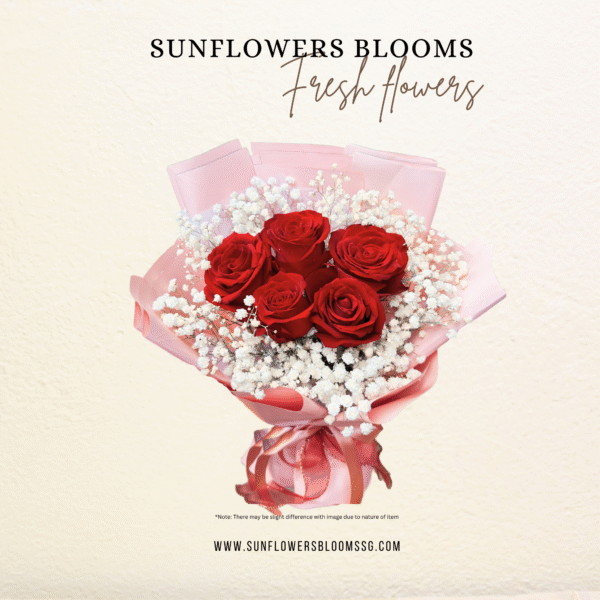 5 Red Roses with Baby Breath