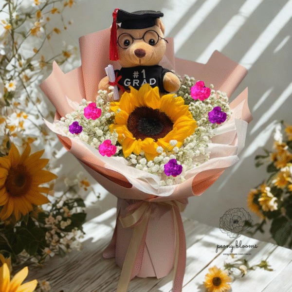 Graduation Bear Sunflower Bouquet (Pink Wrapping)